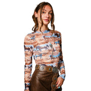 Women's Brown Western Horse Mesh Top