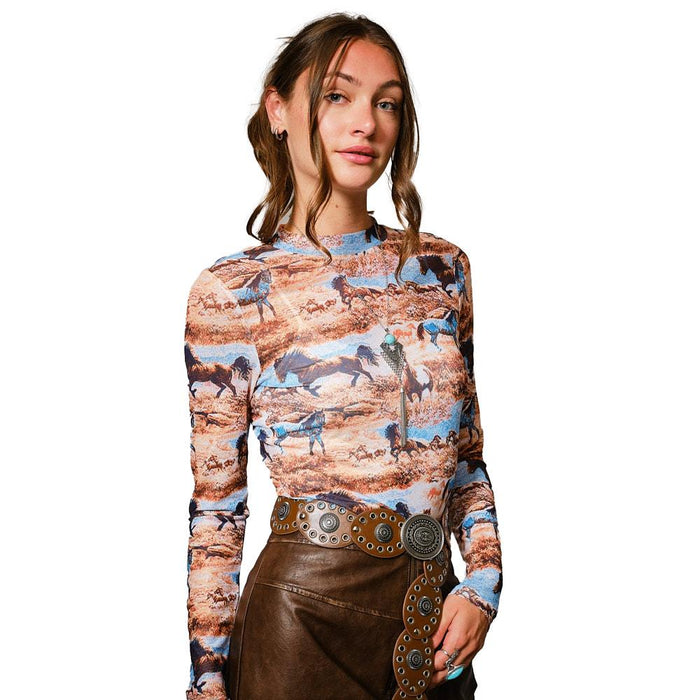 Women's Brown Western Horse Mesh Top