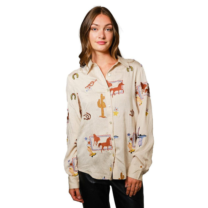 Women's Sand Western Embroidered Long Sleeve Shirt