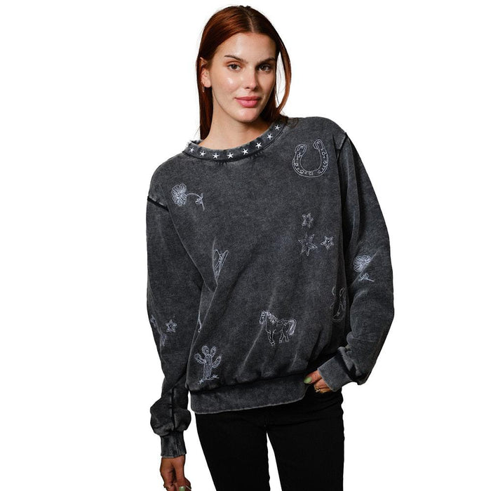 Women's Charcoal Western Embroidered Sweatshirt