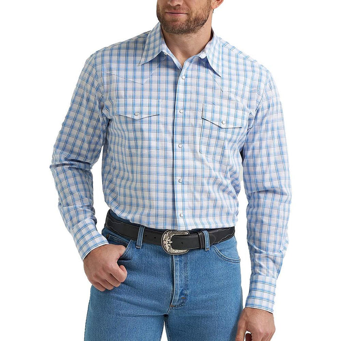 Men's White & Blue Plaid Wrinkle Resist Shirt