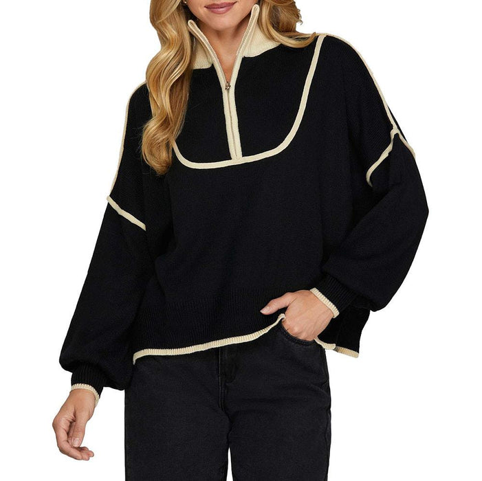 Women's Black Long Sleeve Half Zip Sweater