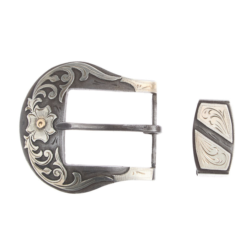 Blue Iron Floral 1.5in Buckle and Keeper