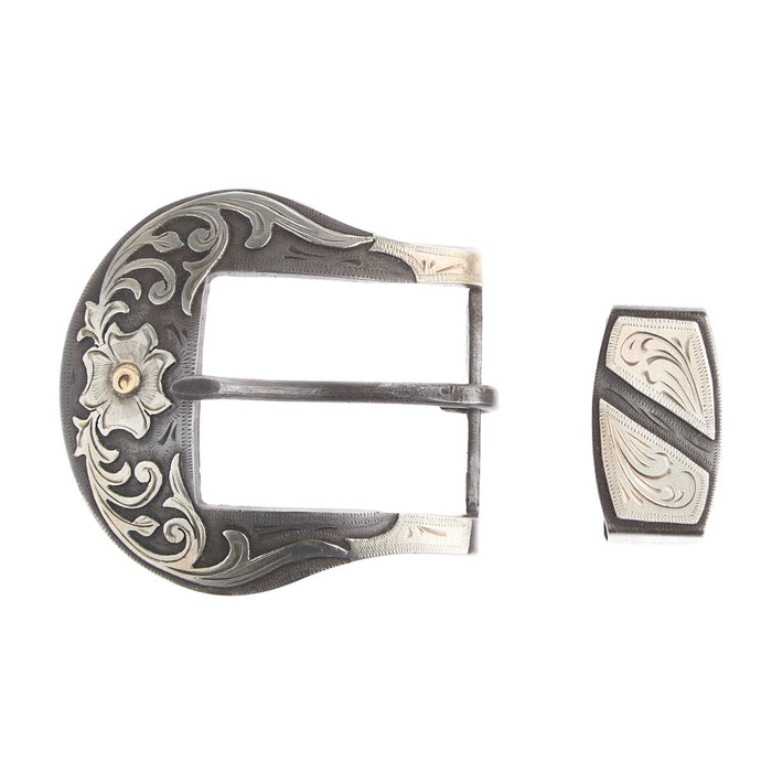 Blue Iron Floral 1.5in Buckle and Keeper