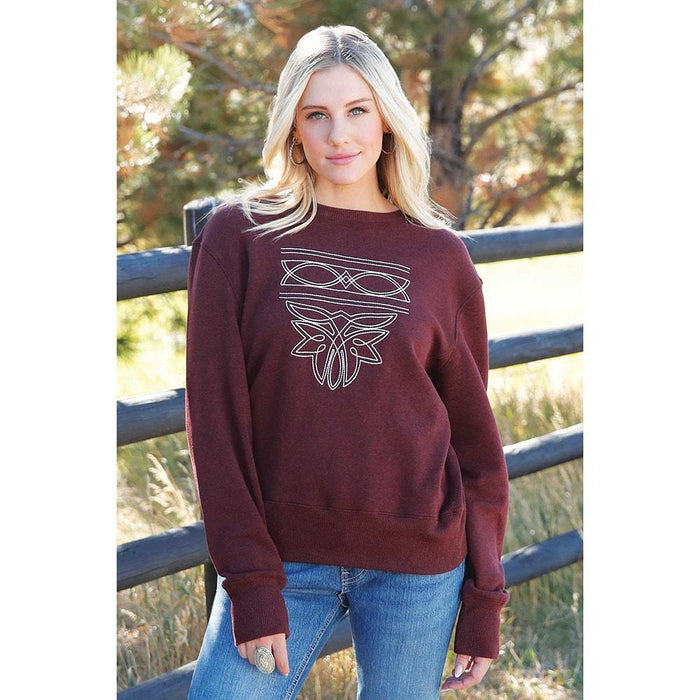 Women's Burgundy Boot Stitch Embroidered Sweatshirt
