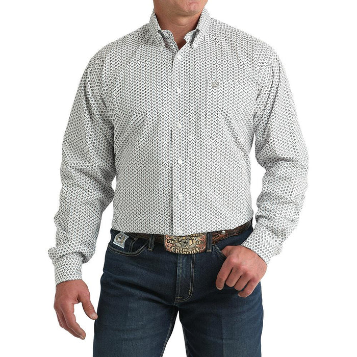 Men's White Printed Long Sleeve Button Shirt