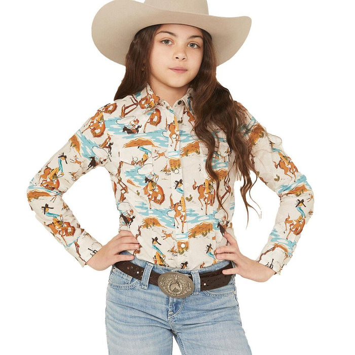 Girl's Cream Print Western Pearl Snap Long Sleeve