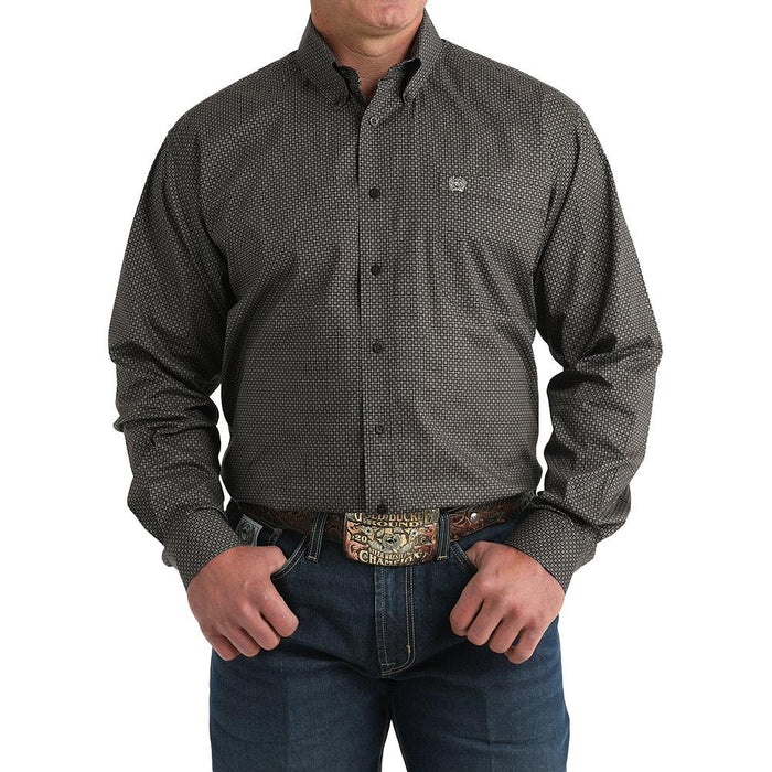 Men's Brown Square Print Long Sleeve Button Shirt