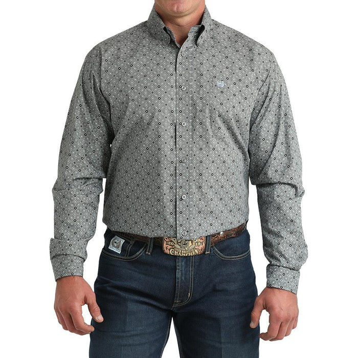 Men's Grey Circle Print Long Sleeve Button Shirt