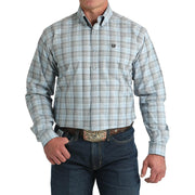 Men's Light Blue Long Sleeve Button Plaid Shirt