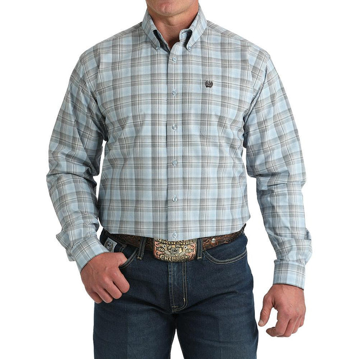 Men's Light Blue Long Sleeve Button Plaid Shirt
