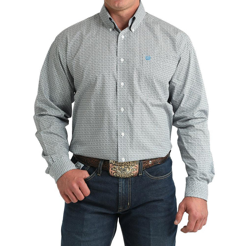 Men's White Long Sleeve Button Square Print Shirt