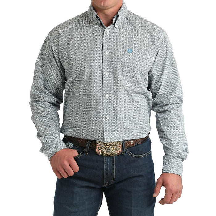 Men's White Long Sleeve Button Square Print Shirt