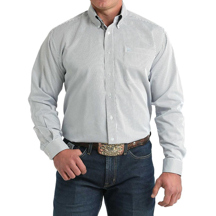 Men's White Striped Long Sleeve Button Shirt