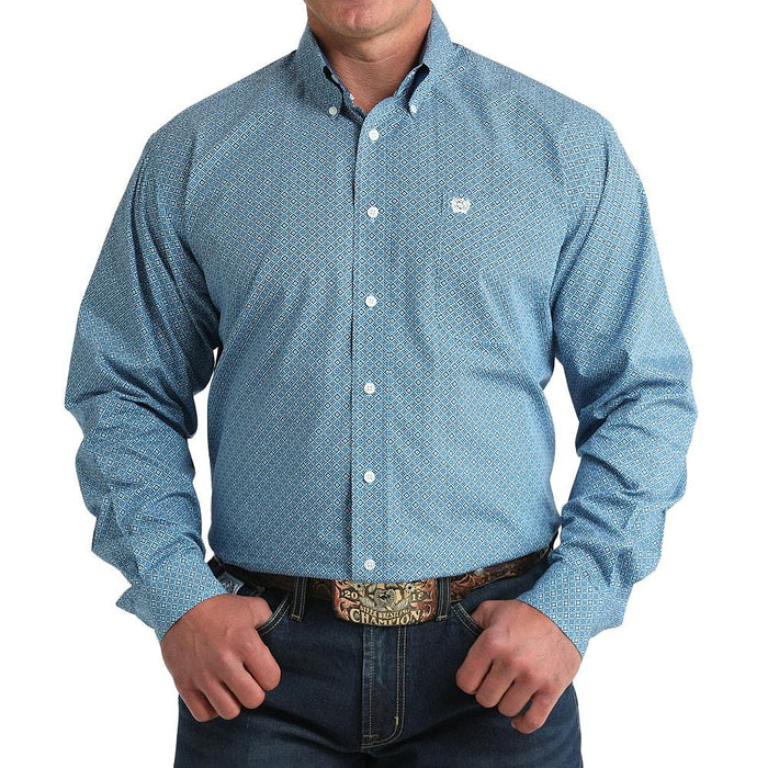Men's Blue Printed Long Sleeve Button Shirt