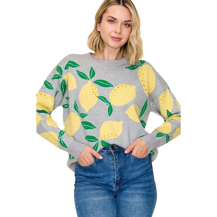 Women's Lemon Jacquard Grey Sweater