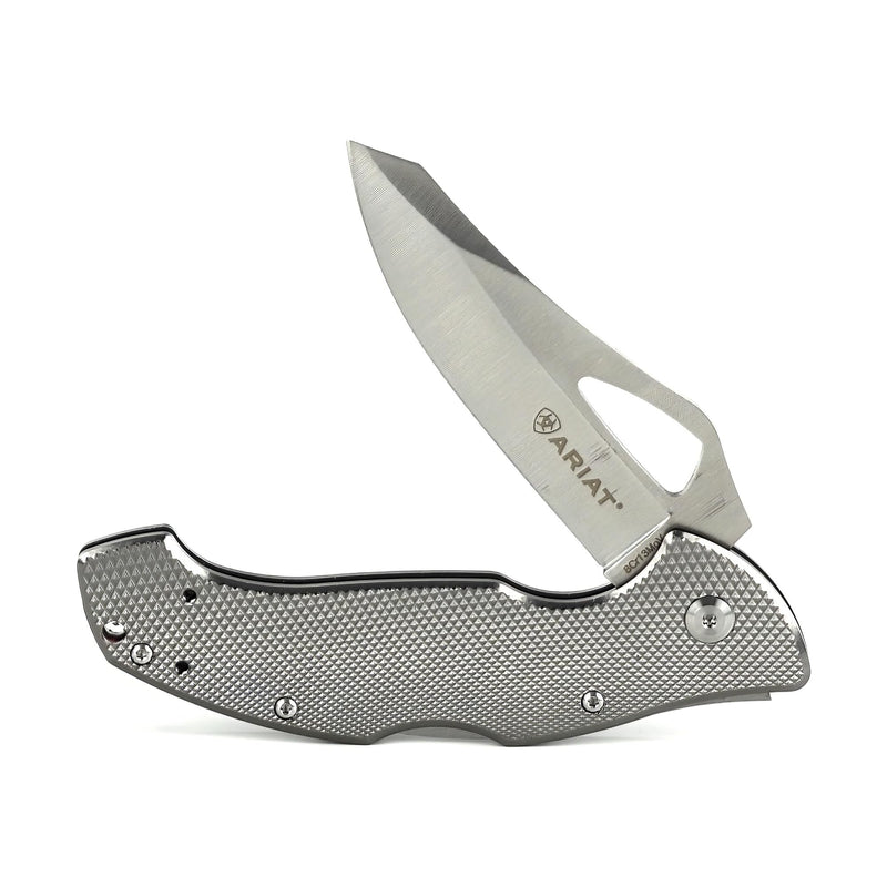 ARIAT Engraved Shield Text Logo Smooth Blade Folding Knife Grey 3.5