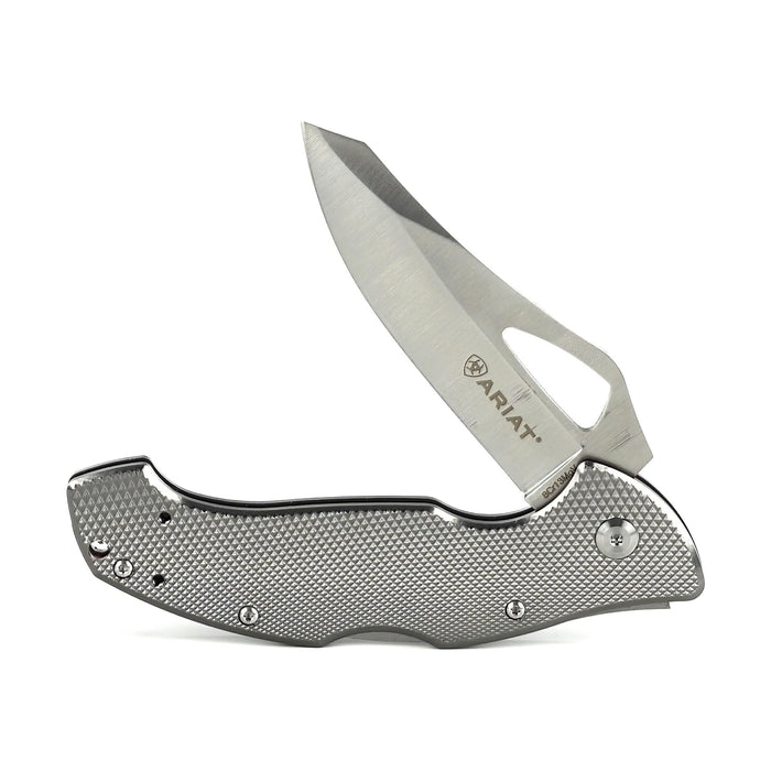 ARIAT Engraved Shield Text Logo Smooth Blade Folding Knife Grey 3.5