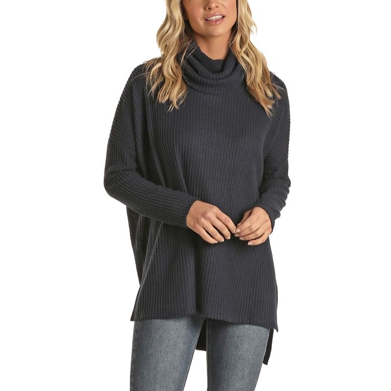 Navy Waffle Knit Cowl Neck Top