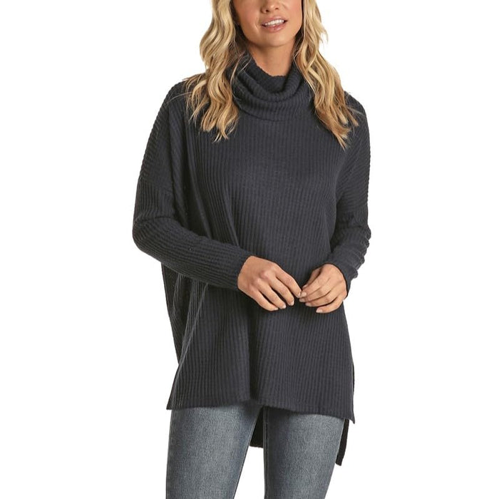Navy Waffle Knit Cowl Neck Top