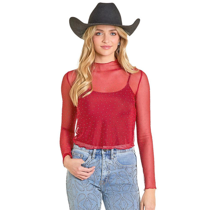 Women's Scarlet Rhinestone Mesh Top
