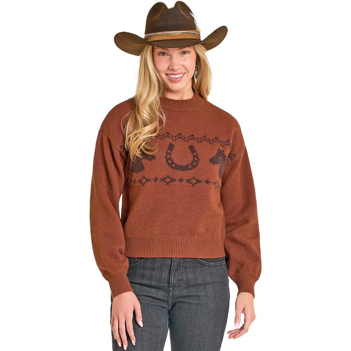 Women's Rust Horse Aztec Sweater