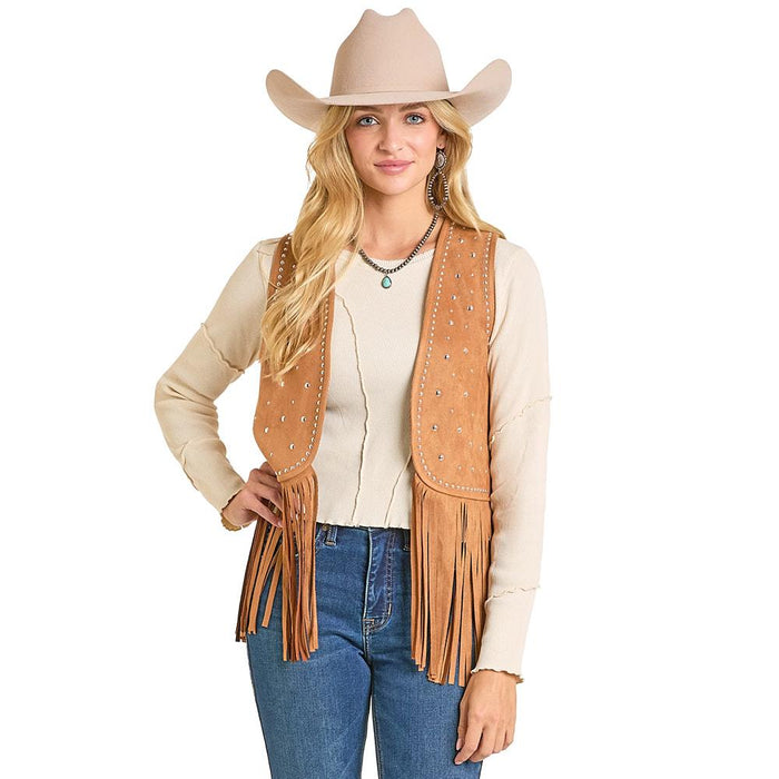 Women's Caramel Studded Fringe Vest