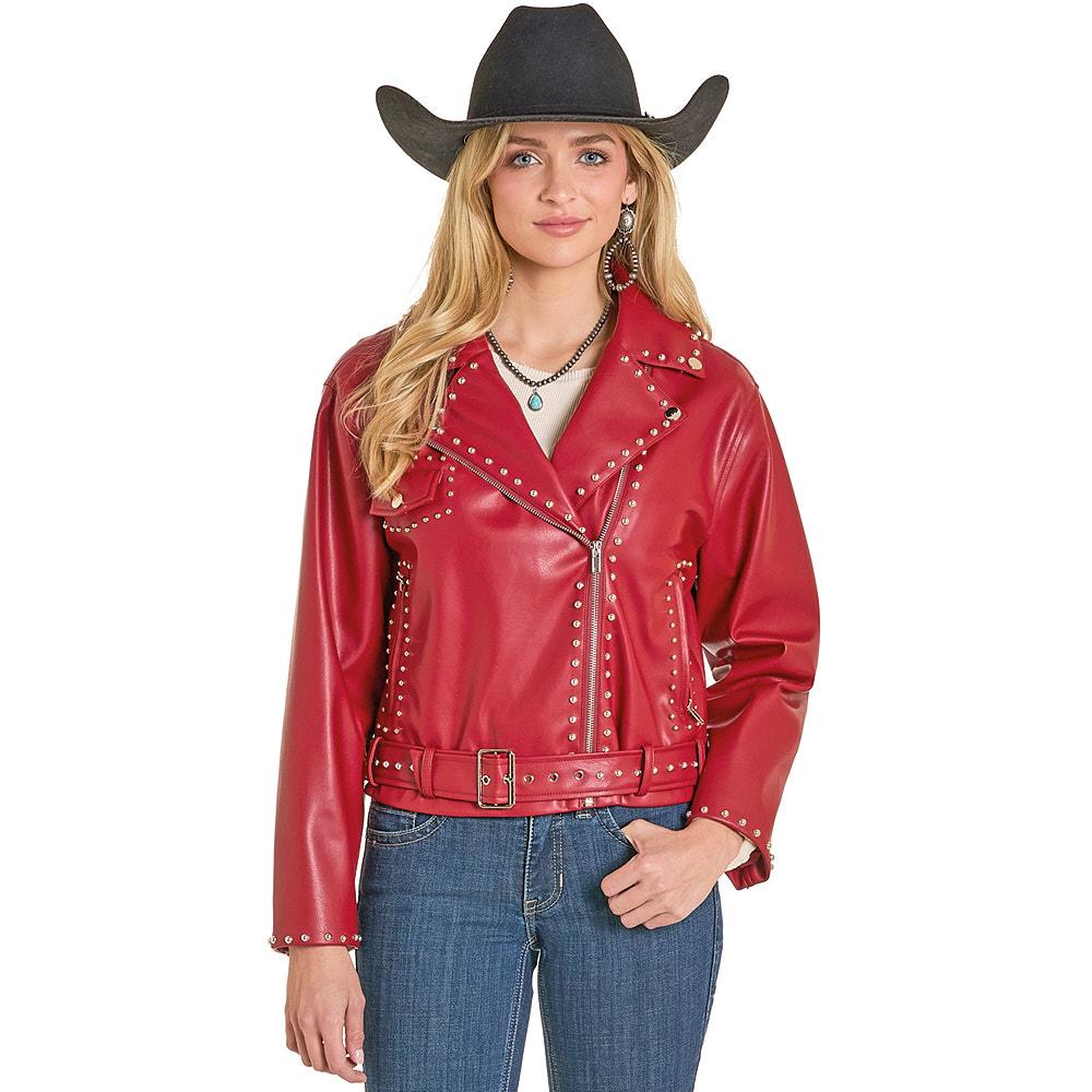 Rock & Roll Denim Women's Red Studded Pleather Moto Jacket