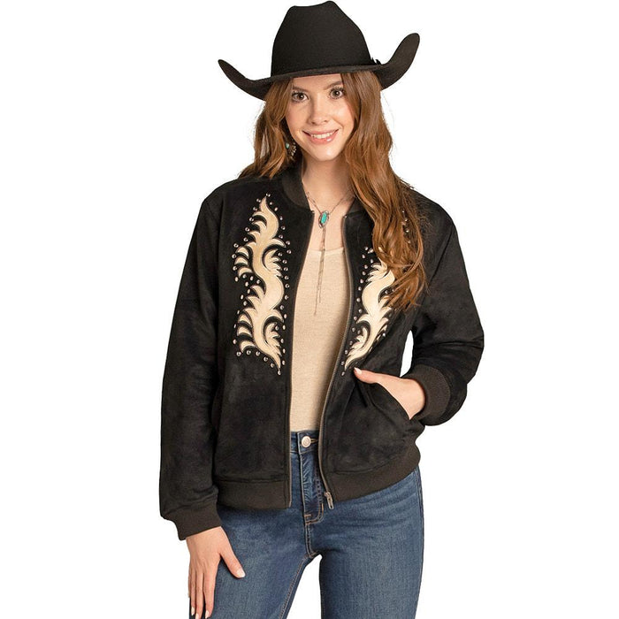 Women's Black Microsuede Applique Bomber