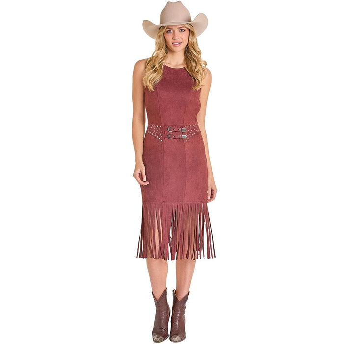 Women's Wine Microsuede Fringe Dress