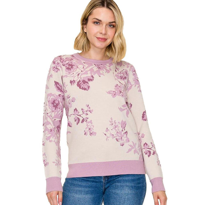 Women's Lavender Flower Jacquard Sweater