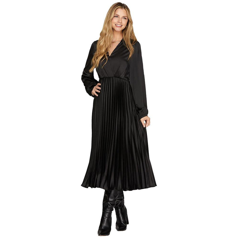 She & Sky Women's Black Long Sleeve Satin Pleated Dress — NRS