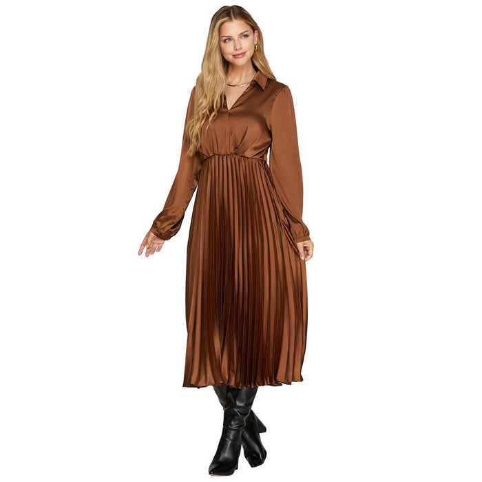 S - She & Sky Women's Toffee Long Sleeve Satin Pleated Dress S - She & Sky Women's Toffee Long Sleeve Satin Pleated Dress