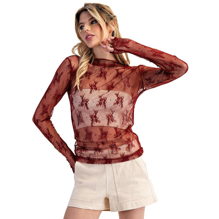 Women's Wine Sheer Lace Top