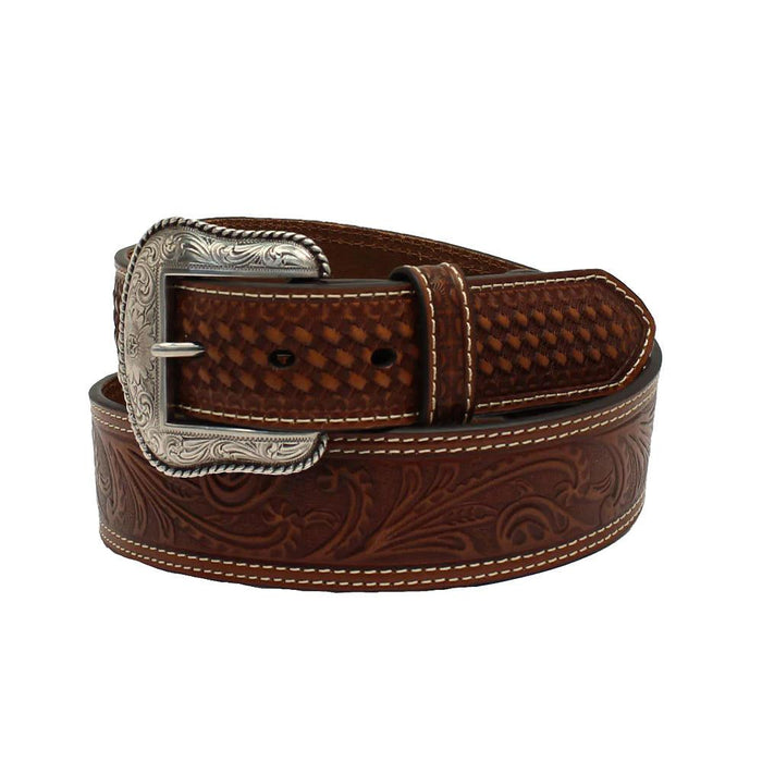 Men's Brown Floral Tooled Basketweave Belt