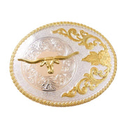 Large Oval Boxed Gold Longhorn Silver Belt Buckle