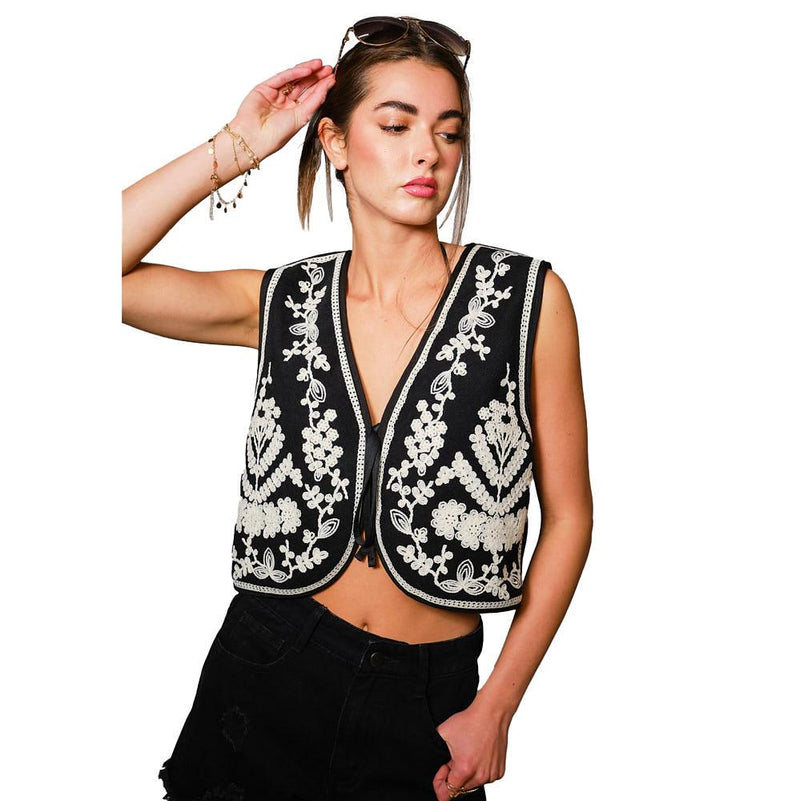 Women's Embroidered Tie Crop Fashion Vest