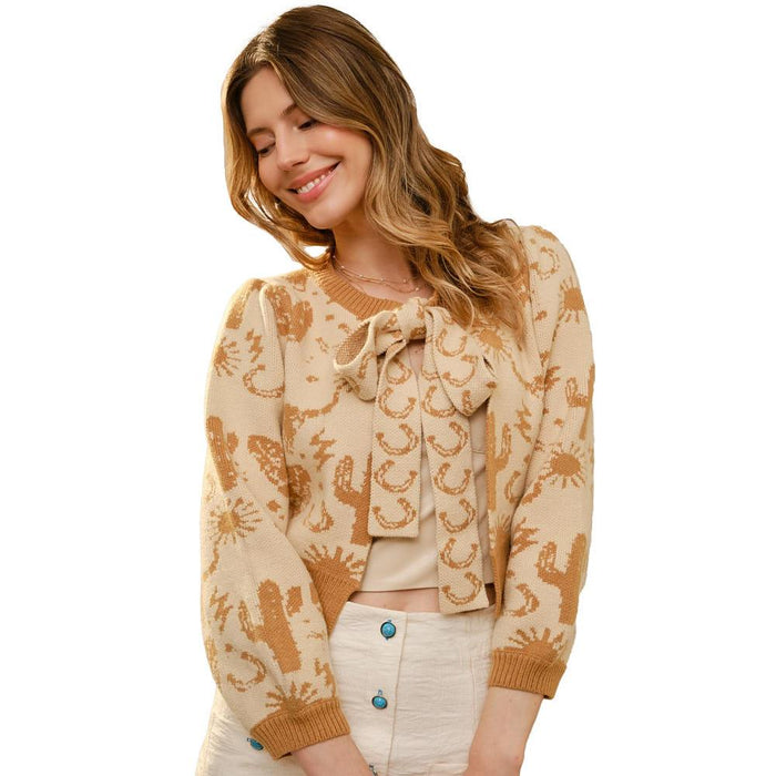 Women's Taupe Western Motif Tie Front Cardigan
