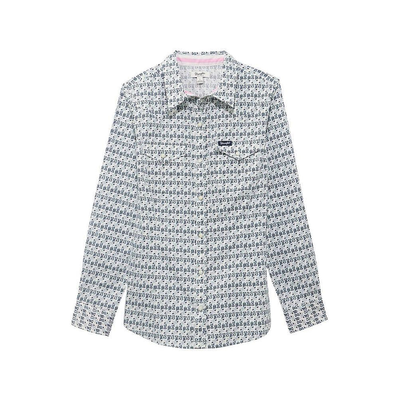 Women's Retro Blue Print Dress Shirt