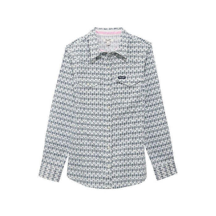 Women's Retro Blue Print Dress Shirt