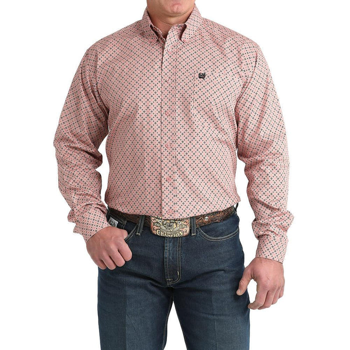 Men's Pink Wavey Print Long Sleeve Button Shirt