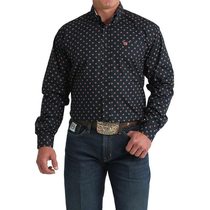 Men's Navy Circle Print Long Sleeve Button Shirt