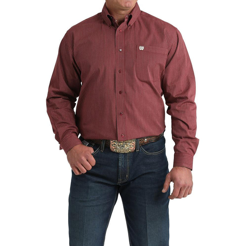 Men's Burgundy Stripe Long Sleeve Button Shirt