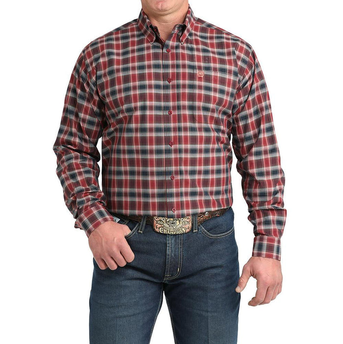 Men's Burgundy Plaid Long Sleeve Button Shirt
