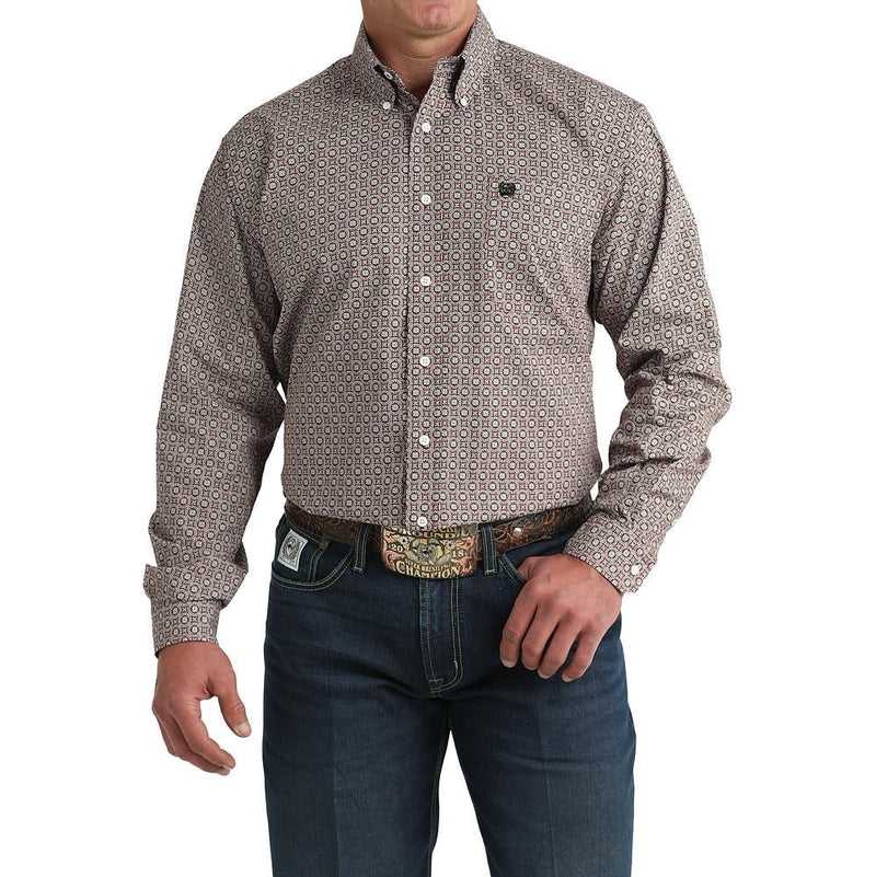 Men's Burgundy Print Long Sleeve Button Shirt