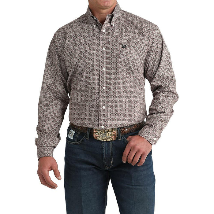 Men's Burgundy Print Long Sleeve Button Shirt