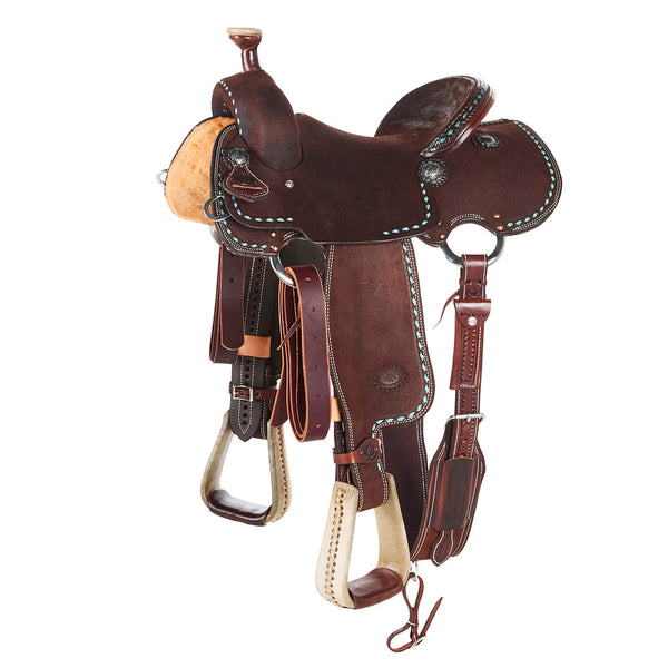 Stacey Martin Chocolate with Turquoise Buckstitch Goat Tying/Breakaway Saddle