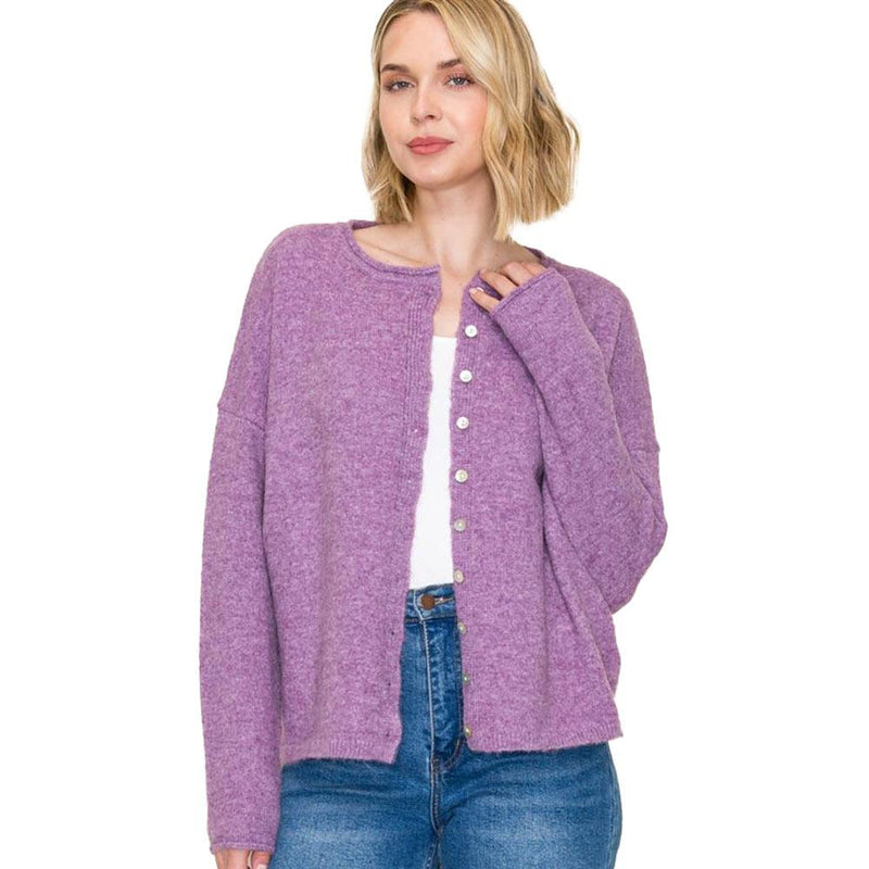 Women's Purple Crew Neck Cardigan