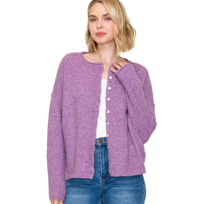 Women's Purple Crew Neck Cardigan