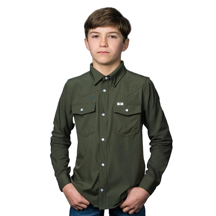 Boy's Olive Vented Long Sleeve Pearl Snap Shirt